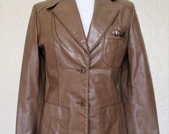 Vintage 1970s Etienne Aigner Leather Jacket Blazer XS Women taupe leather