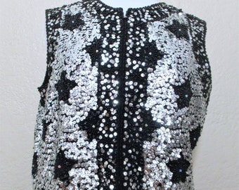 Vintage 1950s Sequin Wool Knit Sweater Vest, Medium Women, black silver stars pattern, zip up