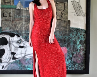 Vintage 1980s Andretta Donatello Halter Evening Gown, Small Women, Long Red Cocktail Dress, Red Beads & Sequins