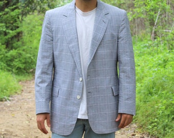 Plaid Blazer, 44R US Men, Vintage 70s Men, Blue White Seersucker