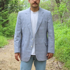 Plaid Blazer, 44R US Men, Vintage 70s Men, Blue White Seersucker
