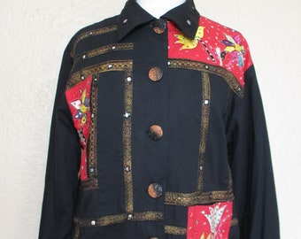 Vintage Patchwork Jacket, Sandy Starkman, L Women, Multicolor Patchwork, Embroidered