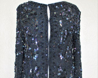 Vintage 70s Joseph Le Bon Black Bead Sequin Silk Chiffon Jacket Women, Small Women, Party Jacket