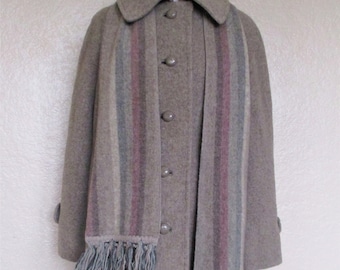 Vintage 1980s Country Pacer Peacoat Coat, Detachable Scarf, Taupe Wool, Medium Women