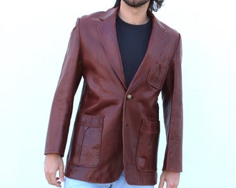 Vintage 1990s Cellini Collection Brown Leather Blazer, Size 40 Men, Leather Jacket