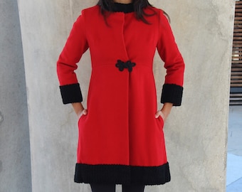 Vintage 1960s Red Wool Coat, Black Faux Fur Trim, Small