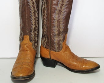 Western Boots, Larry Mahan, Vintage Cowgirl Boots, 6.5B Women, cognac ostrich, brown leather knee high, Made in Texas