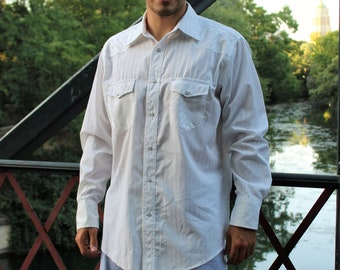 Vintage 1990s Wrangler Western Shirt, Large Men, Pearl Snap, White Striped Cotton Blend, Long Sleeve