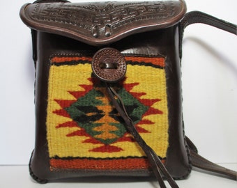 Vintage Brown Tooled Leather Tapestry Inset Crossbody Bag, Boho Hippie Purse, Handmade in Mexico