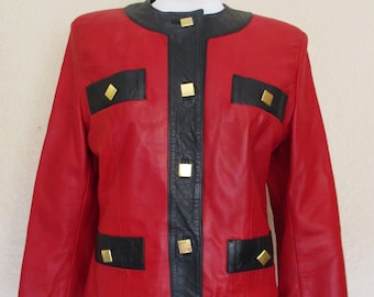 Vintage Beged Or Leather Jacket, Size 38 Women, Red Leather, Black Trim, Vintage 80s