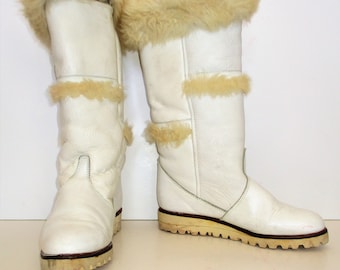 Winter Boots, Vintage 1970s Pfister, Leather and Fur Snow Boots, 39 Women, white leather, faux fleece lined