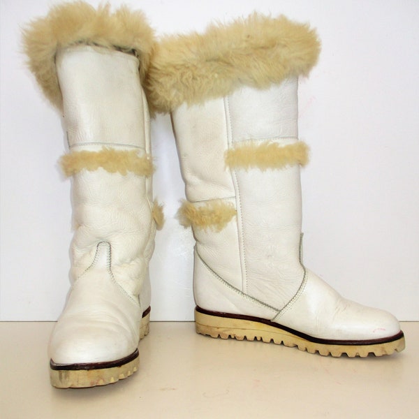 Winterlaarzen, vintage jaren 1970 Pfister, leren en bont snowboots, 39 dames, wit leer, faux fleece gevoerd