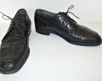 Vintage 1990s Ambassdor Oxfords, Black Alligator Leather Laced Tie Shoes, Size 7 1/2 D Men
