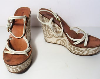 Vintage Miu Miu Prada Platform Sandals, 37.5, Strappy Sandals Women, beige taupe embroidered silk wrapped platform shoes