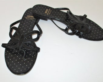 Vintage Moschino Strappy Butterfly Thong Sandals, Size 8 Women, black patent leather