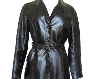 Trench-coat en cuir véritable vintage des années 1970, cuir marron foncé, Masterpelle, femme de taille moyenne