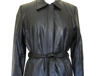 Vintage 1990s Wilsons Leather Short Trench Coat, Medium Women, Black Leather Coat, Removable Thinsulate Liner