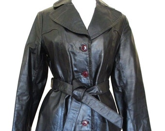 Vintage 1970s Black Leather Trench Coat, Small Women, Short Leather Trench, Imperial Leather