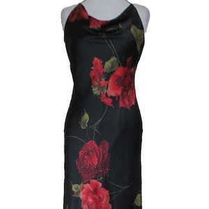 Satin Slip Dress, Vintage David Meister, Evening Gown, Maxi Dress, 6 Women,  Black Silk, Red Roses