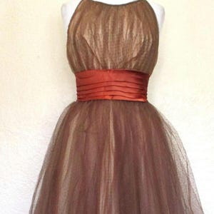 Vintage 1950s Tulle Dress, XS/S Women, Brown Tulle, Fit n Flare