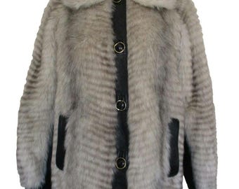 Vintage 1960s Gray Faux Fur Jacket, Black Leather Trim, Made in England, M Women