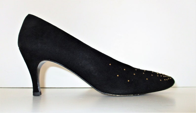 Pointed Toe Shoes, Vintage Stuart Weitzman Pumps, 9 AA Women, black suede, bronze studs image 4
