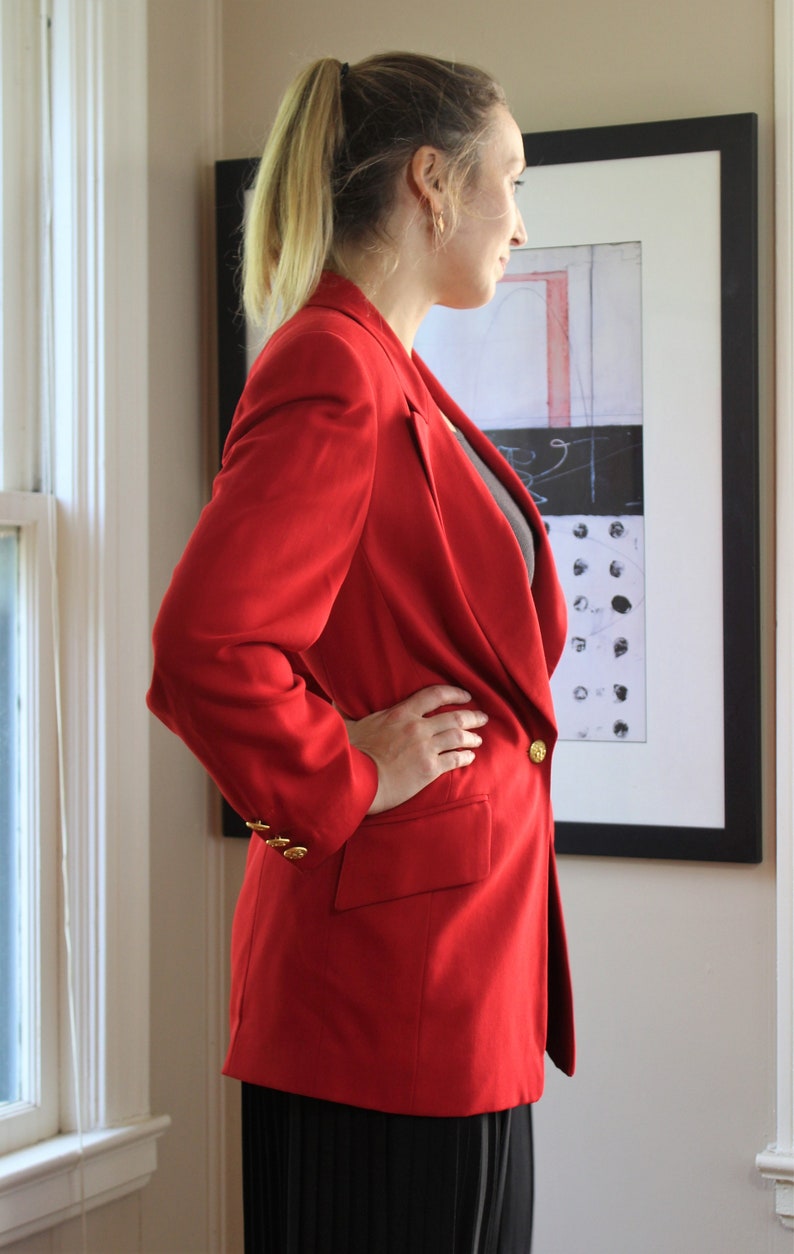 80s Escada, Vintage Margaretha Ley, Red Wool Blazer, Long Jacket, size 36 Women image 2