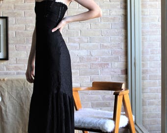 lunara long sleeve mini dress black Vintage Betsey Johnson Black Lace & Tulle Embroidered Evening Dress  Modig