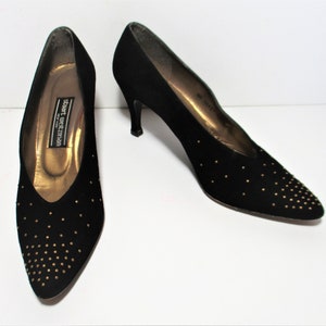 Pointed Toe Shoes, Vintage Stuart Weitzman Pumps, 9 AA Women, black suede, bronze studs image 1
