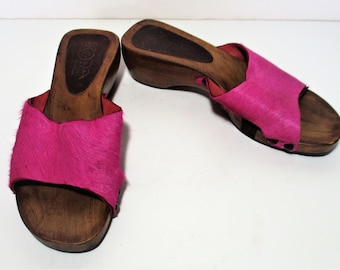 Vintage Michael Kors Open Toe Clogs, Size 7M Women, fuchsia calfskin, wood heel