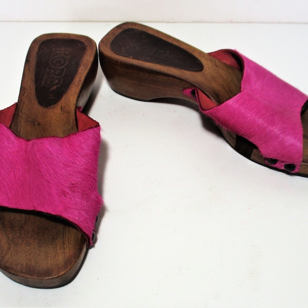 Vintage Michael Kors Open Toe Clogs, Size 7M Women, fuchsia calfskin, wood heel