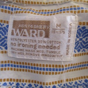 Vintage 1970s Shirt, Montgomery Ward, Blue White Mustard Cotton Blend, No Iron, M 15/15.5 Mens image 7