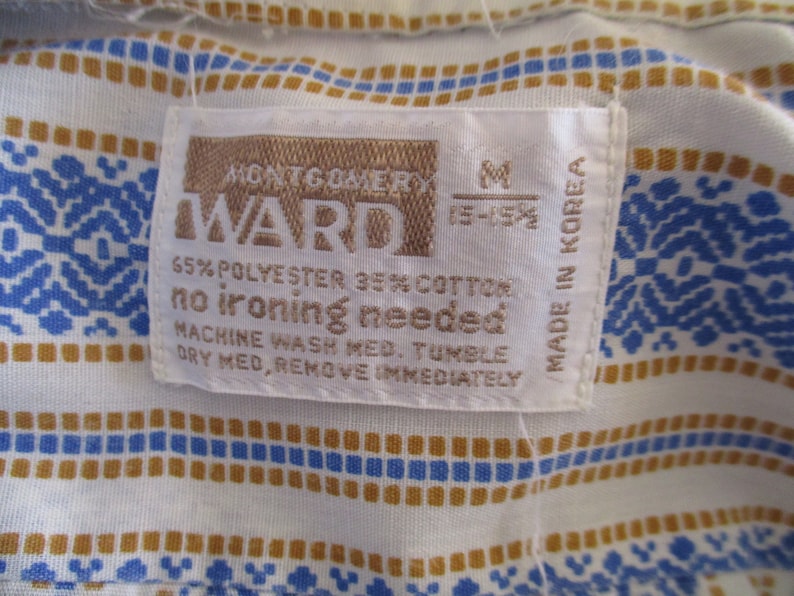 Vintage 1970s Shirt, Montgomery Ward, Blue White Mustard Cotton Blend, No Iron, M 15/15.5 Mens image 7