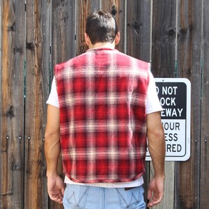 Vintage 90s Banana Republic Sherpa Vest, Large Men, Red Shadow Plaid, Faux Shearling Line image 5