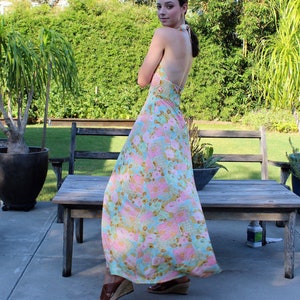 70s Maxi Dress, Vintage Halter Dress, XS / Small, Boho Long Dress, floral print image 4