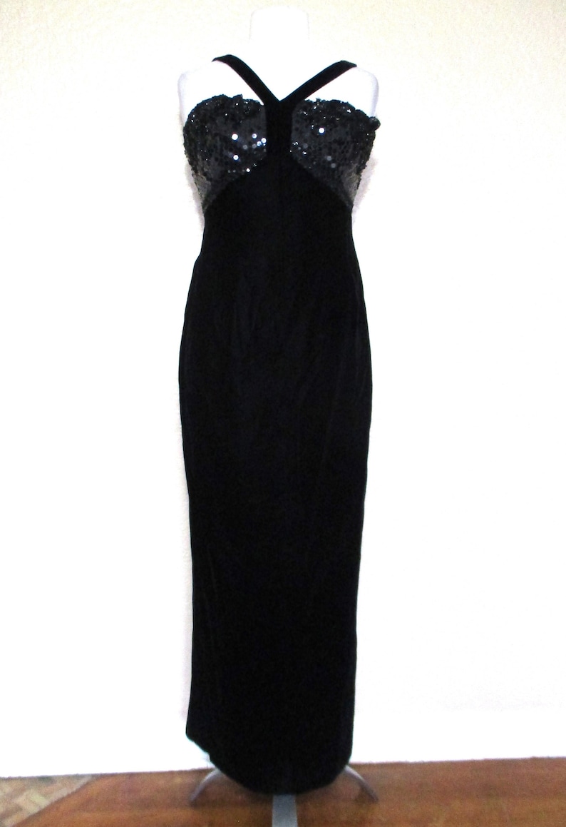 Black Velvet Gown, Vintage Victor Costa, Formal Dress, Small Women, Beaded Sequined, Halter Gown image 1