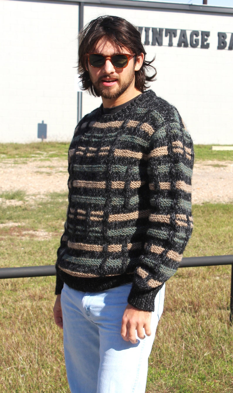 Chunky Knit Sweater, Vintage 1990s Bill Ditfort Pullover, Black Gray Tan, Long Sleeve, Wool Blend, Medium Men image 6