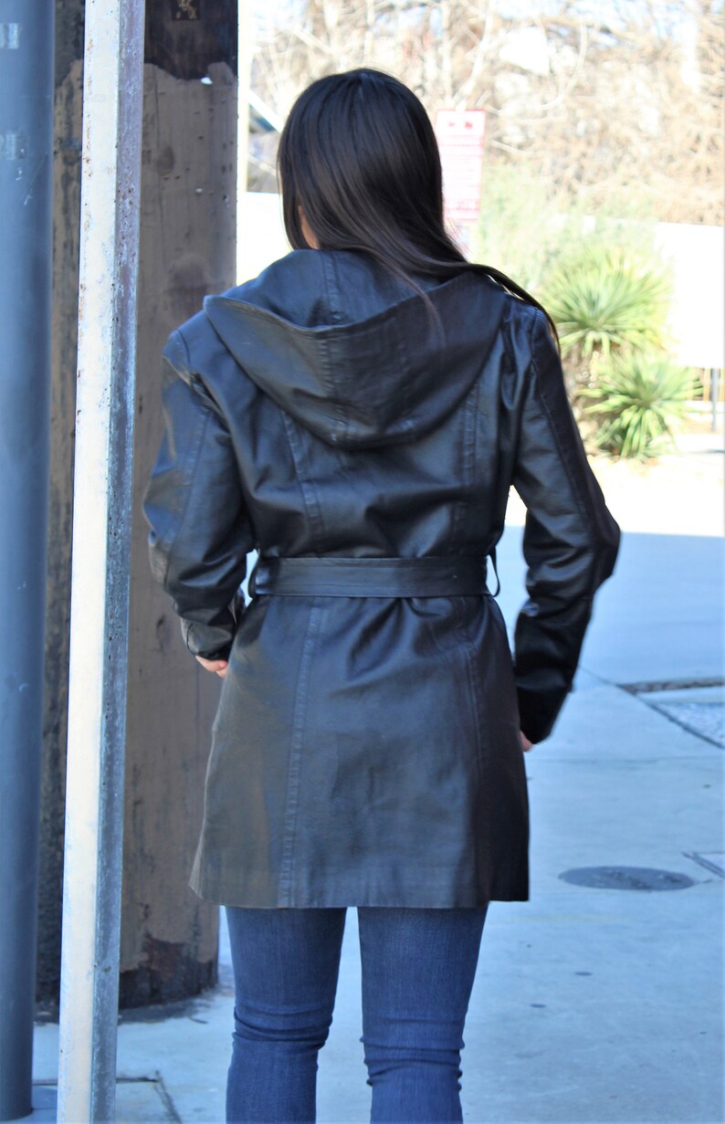 Hooded Leather Coat, Trench Coat Women, Vintage 1980s Giorgio Sant Angelo, Small Women image 4