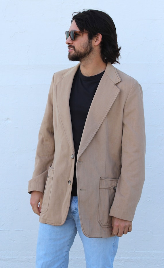 70s Sportcoat, Vintage Mens Clothing, Lee Blazer, size 40/42L Men, Tan Cotton