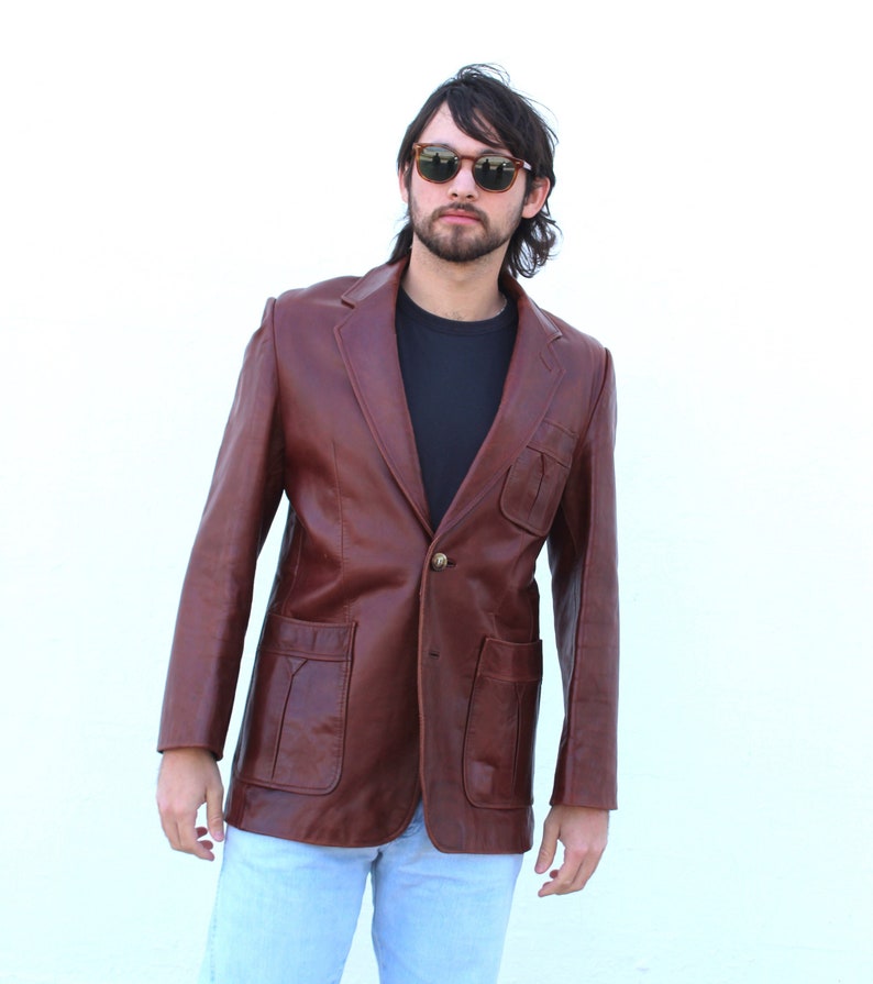 Vintage 1990s Cellini Collection Brown Leather Blazer, Size 40 Men, Leather Jacket image 1