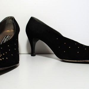 Pointed Toe Shoes, Vintage Stuart Weitzman Pumps, 9 AA Women, black suede, bronze studs image 2