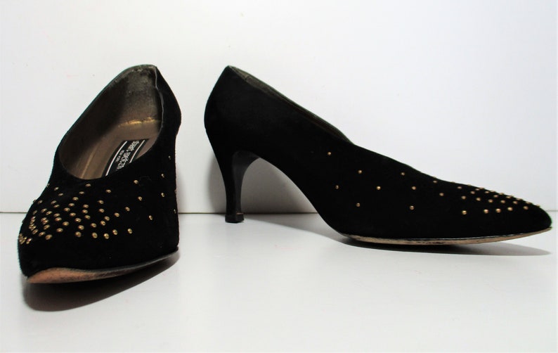 Pointed Toe Shoes, Vintage Stuart Weitzman Pumps, 9 AA Women, black suede, bronze studs image 2