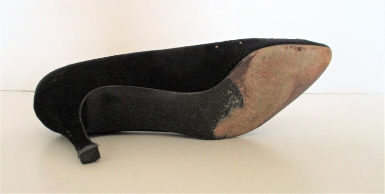Pointed Toe Shoes, Vintage Stuart Weitzman Pumps, 9 AA Women, black suede, bronze studs image 6