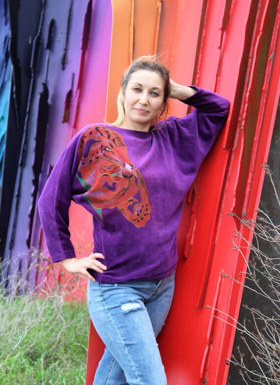 Vintage 1970s Colorama Velour Tiger Sweatshirt Str