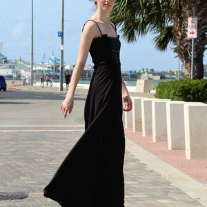 Vintage Maxi Dress, 1970s Jody of California Black Boho Dress, XS/S Women, High Slit, Spaghetti Straps image 2