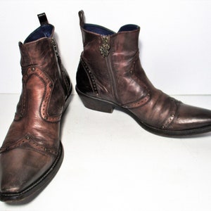 Vintage Mark Nason Brown Leather Ankle Boots, Size 9 Men, Side Zip, Rock n Roll, dragon theme image 1