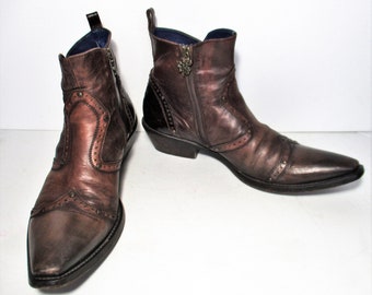 Vintage Mark Nason Brown Leather Ankle Boots, Size 9 Men, Side Zip, Rock n Roll, dragon theme