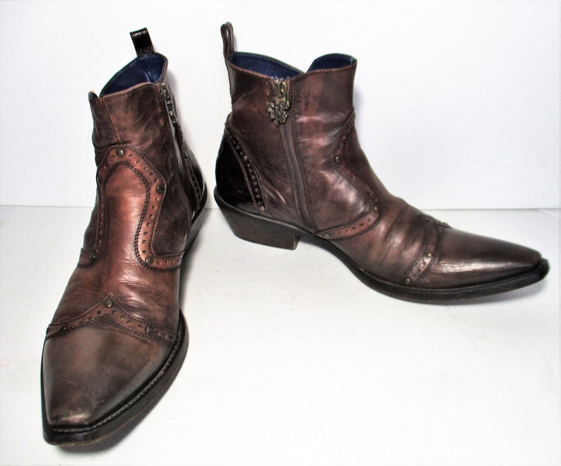 Vintage Mark Nason Brown Leather Ankle Boots, Size 9 Men, Side Zip, Rock n Roll, dragon theme image 1