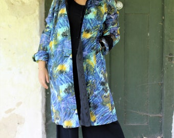 Rain Coat Women, Vintage 1960s Reversible Raincoat, Blue Yellow Green Print, Solid Black, One Size