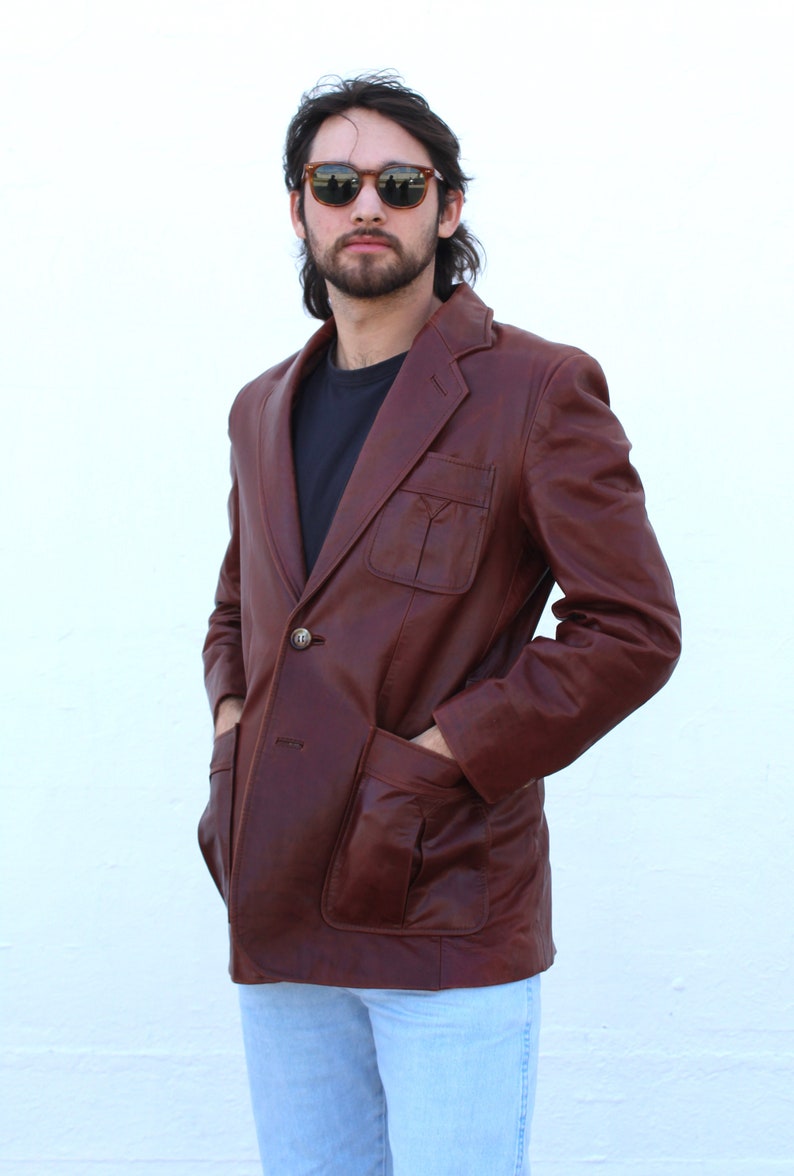 Vintage 1990s Cellini Collection Brown Leather Blazer, Size 40 Men, Leather Jacket image 5